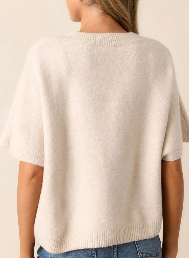 Kedera Womens Short Sleeve Bow Sweater Crewneck Cropped Pearl Top Bow Embellished Top Loose Pullover Thick Knitwear, Beige, M - Image 2