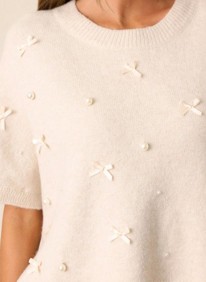 Kedera Womens Short Sleeve Bow Sweater Crewneck Cropped Pearl Top Bow Embellished Top Loose Pullover Thick Knitwear, Beige, M - Image 4