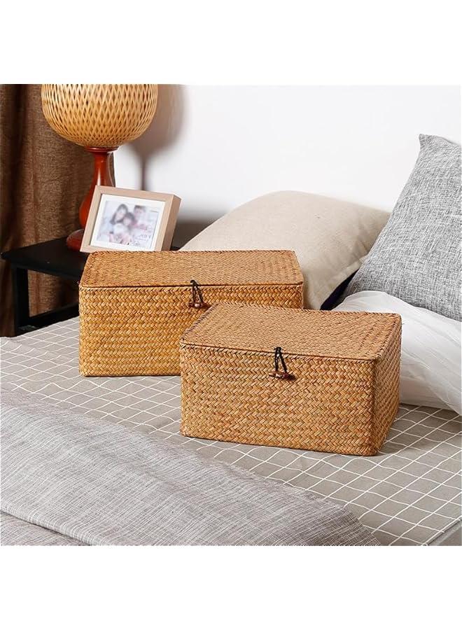 HOOKOR Shelf Baskets Bin with Lid, Handwoven Seagrass Basket Storage Bins Rectangular Household Basket Boxes for Shelf Wardrobe Home Organizer (Caramel, Small) - Image 3