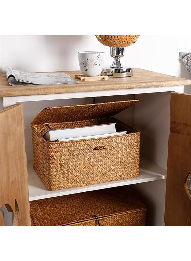 HOOKOR Shelf Baskets Bin with Lid, Handwoven Seagrass Basket Storage Bins Rectangular Household Basket Boxes for Shelf Wardrobe Home Organizer (Caramel, Small) - Image 4