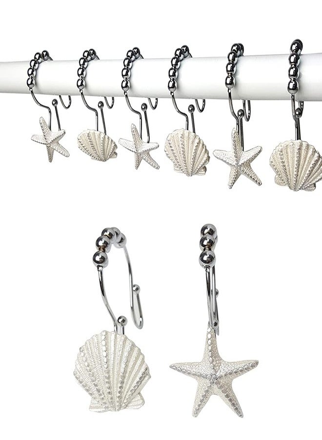Actpe Starfish & Seashell Stainless Steel Rust Resistant Double Hooks Glide Shower Curtain Ring Hangs Holder for Bathroom Home Decor - Image 1