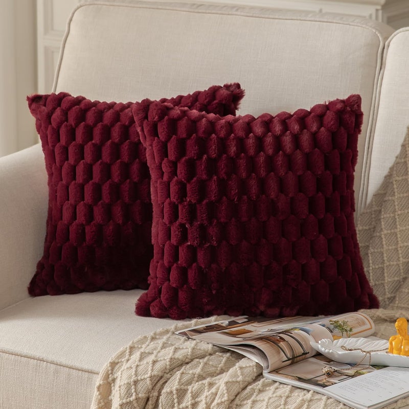 MANDIOO Pack of 2 Burgundy Super Soft Plush Fluffy Decorative Throw Pillow Covers 18x18 inch Faux Fur Wool Velvet Cushion Covers Pillow Cases Couch Sofa Bed Living Room - Image 1