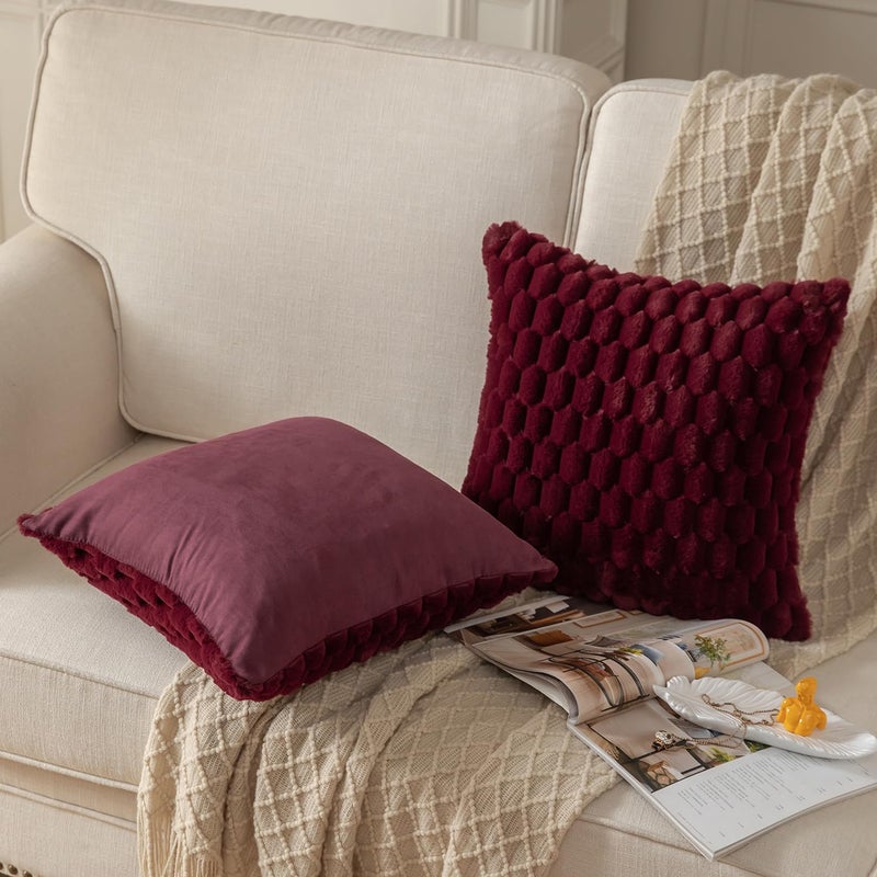MANDIOO Pack of 2 Burgundy Super Soft Plush Fluffy Decorative Throw Pillow Covers 18x18 inch Faux Fur Wool Velvet Cushion Covers Pillow Cases Couch Sofa Bed Living Room - Image 3