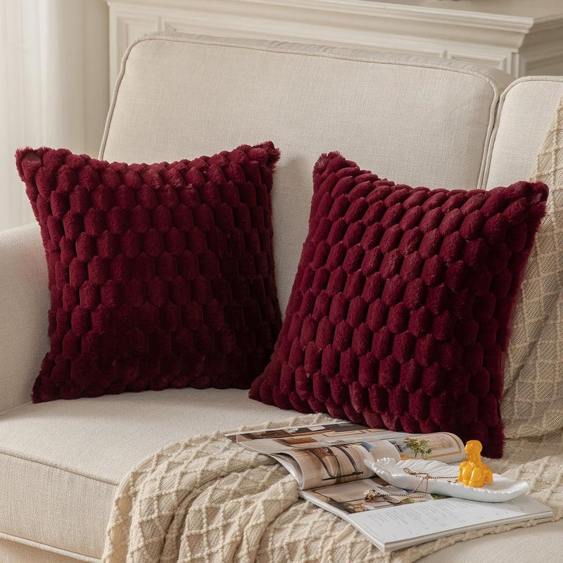 MANDIOO Pack of 2 Burgundy Super Soft Plush Fluffy Decorative Throw Pillow Covers 18x18 inch Faux Fur Wool Velvet Cushion Covers Pillow Cases Couch Sofa Bed Living Room - Image 2