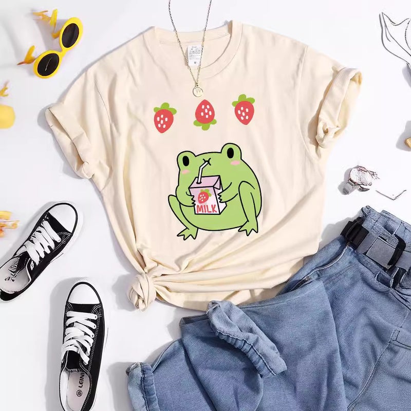 Green Frog Who Loves Strawberry Flavor Milk T-Shirt Women'S Sports Summer T-Shirt Street Trend - Image 2