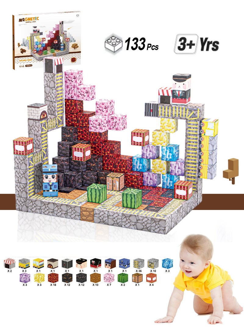 133PCS Magnetic Blocks-Build Mine Magnet World Set for Boys & Girls Age 3-5 6-8, STEM Sensory Toys for Toddlers Gifts for 3+ Years Old Girls Boys,2cm Magnet Cubes Classroom Must Haves Construction Toys - Image 1