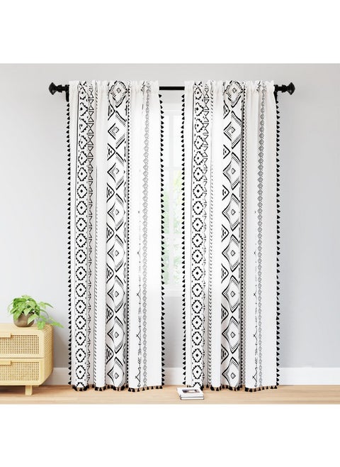 Encasa XO Boho Semi Sheer Curtains for Long Door in Bedroom & Living Room (Set of 2)- Boho Panel - Curtain with Tassels & Bohemian Design - 8 ft