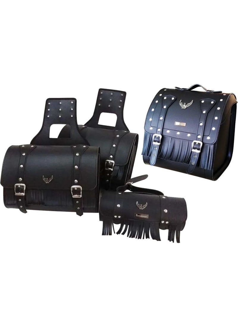 Ebakbak Motorcycle Set of 4 Suit Leather Side Saddlebags Sausage and Rear Bag Chopper Black Model Motor Saddlebag Bag.  - Image 1