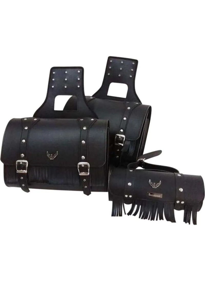 Ebakbak Motorcycle Set of 4 Suit Leather Side Saddlebags Sausage and Rear Bag Chopper Black Model Motor Saddlebag Bag.  - Image 2