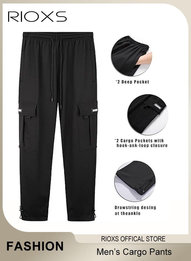 ريوكس بنطلون كارغو رجالي، بنطلون رياضي فضفاض بخصر مطاطي ورباط مع جيوب متعددة، بنطلون رياضي مريح ومسامي للرجال، بنطلون رياضي مطاطي للخروج والسفر والرياضة والارتداء اليومي، أسود - Image 5