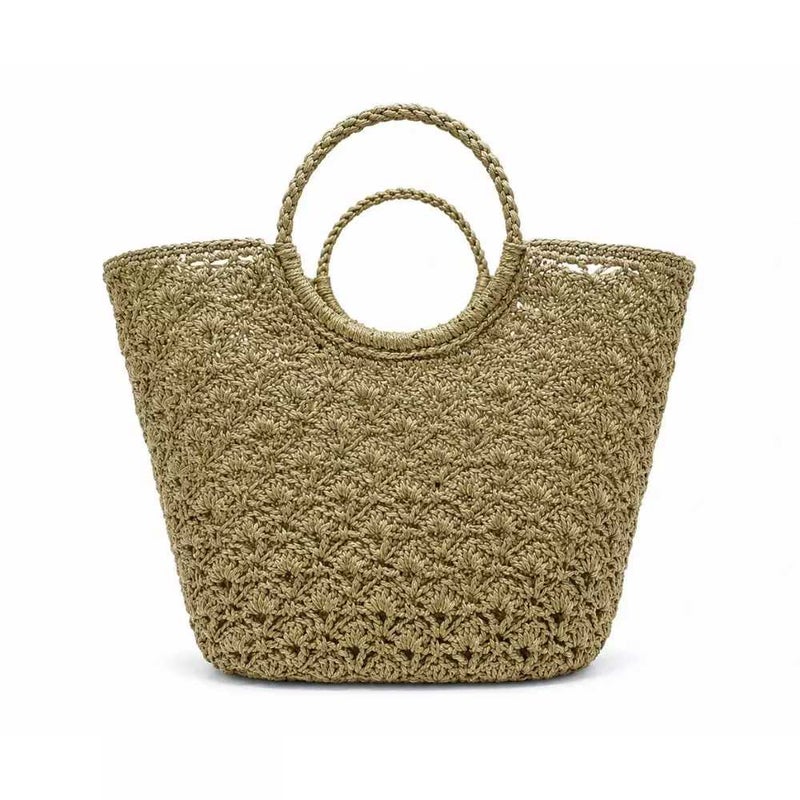 Hand Woven Large Crochet Ladies Tote Bag With Braided Ring Handle- Beige
