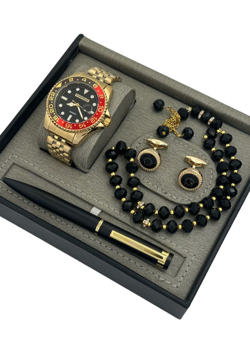 MOMENT BLACK - 4 Piece Men's Watch Set Wrist Watch Set Wth Fountain Pen Button - Image 1