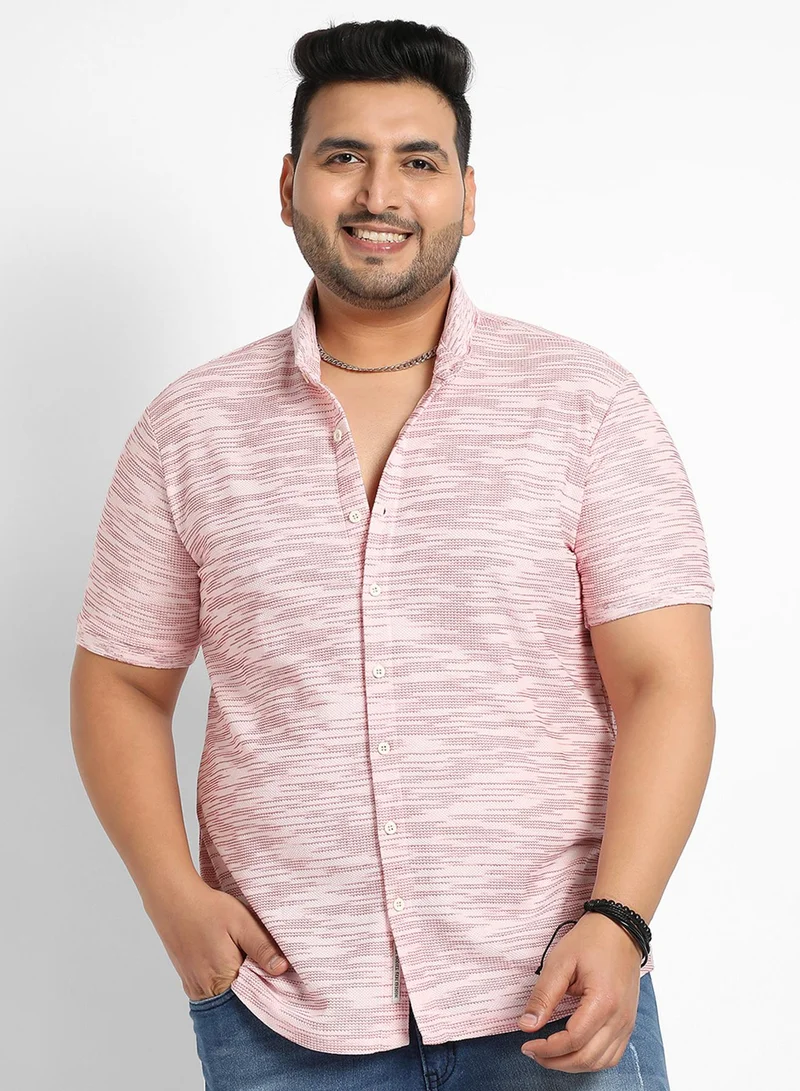 Instafab Plus Instafab Plus Men's Blush Pink Textured Horizontal Striped Shirt For Casual Wear | Spread Collar | Short Sleeve | Button Closure | Polycotton Shirt Crafted With Comfort Fit For Everyday Wear