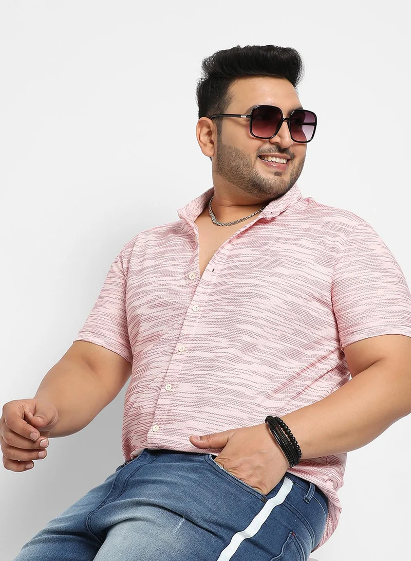 Instafab Plus Instafab Plus Men's Blush Pink Textured Horizontal Striped Shirt For Casual Wear | Spread Collar | Short Sleeve | Button Closure | Polycotton Shirt Crafted With Comfort Fit For Everyday Wear