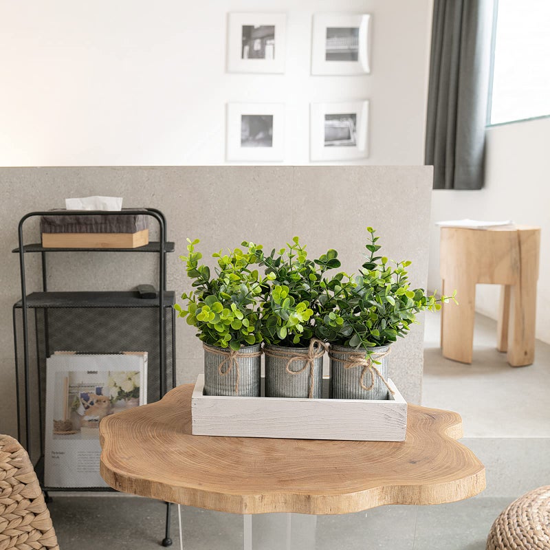 Dahey Decorative Galvanized Metal Pots Centerpiece Decor Wood Tray with Artificial Plant, 3 Buckets with Eucalyptus, Rustic Farmhouse Home Decor for Coffee Table Dining Living Room Kitchen Bath, White - Image 2
