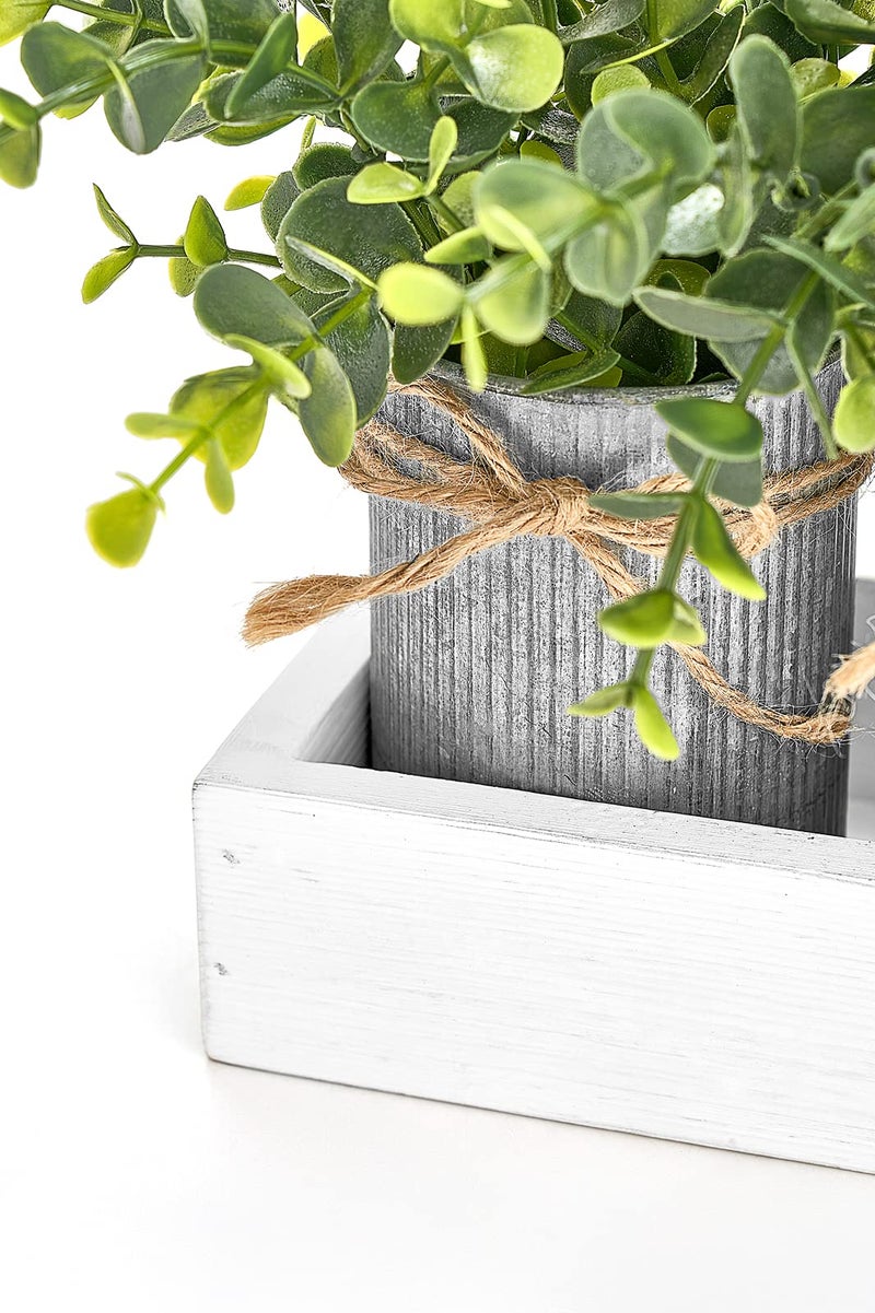 Dahey Decorative Galvanized Metal Pots Centerpiece Decor Wood Tray with Artificial Plant, 3 Buckets with Eucalyptus, Rustic Farmhouse Home Decor for Coffee Table Dining Living Room Kitchen Bath, White - Image 4