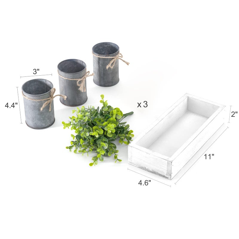 Dahey Decorative Galvanized Metal Pots Centerpiece Decor Wood Tray with Artificial Plant, 3 Buckets with Eucalyptus, Rustic Farmhouse Home Decor for Coffee Table Dining Living Room Kitchen Bath, White - Image 5