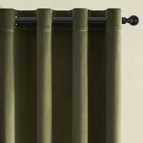 Topfinel Olive Green Velvet Blackout Curtains 84 Inches Long,Soundproof Room Darkening Dark Green Thermal Insulated Boho Elegant Moody Grommet Curtains for Living Room Bedroom 2 Panels - Image 1