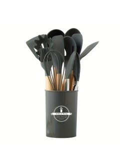 Generic Silicone Kitchen Utensils Set, 12 Pcs Silicone Cooking Utensils Set with Wooden Handle Non-Scratch Non-Stick Grey Utensils Set with Holder for Kitchen Cooking Baking Camper RV  - Image 1