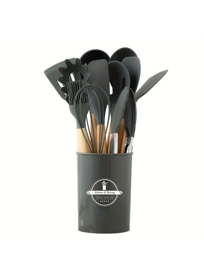 Generic - Silicone Kitchen Utensils Set, 12 Pcs Silicone Cooking Utensils Set with Wooden Handle Non-Scratch Non-Stick Grey Utensils Set with Holder for Kitchen Cooking Baking Camper RV - Image 1