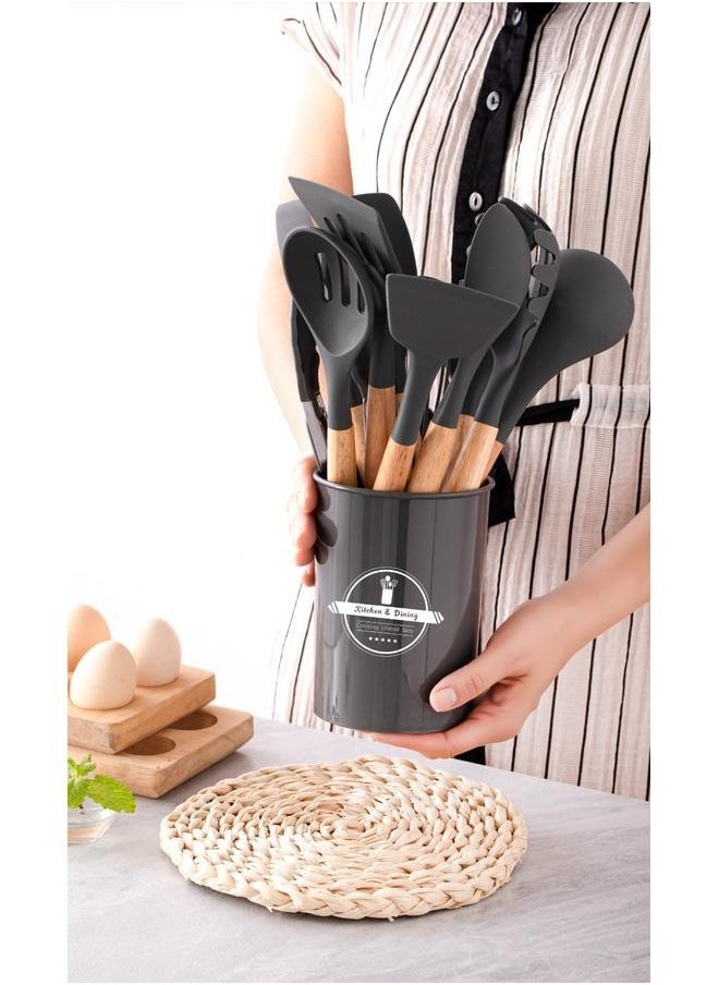 Generic - Silicone Kitchen Utensils Set, 12 Pcs Silicone Cooking Utensils Set with Wooden Handle Non-Scratch Non-Stick Grey Utensils Set with Holder for Kitchen Cooking Baking Camper RV - Image 1