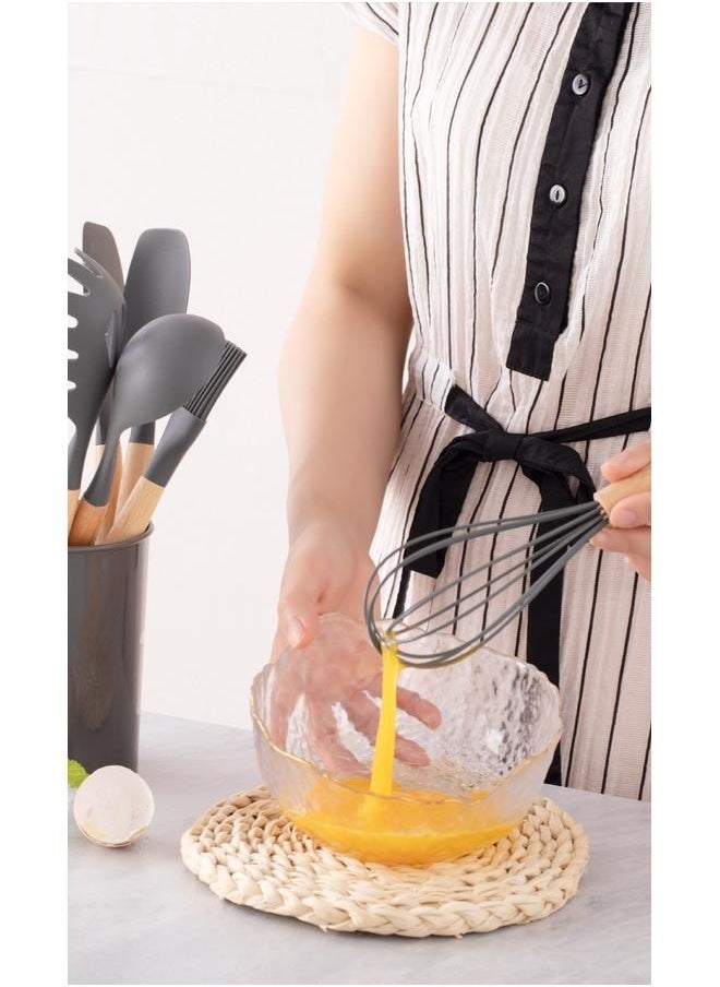 Generic - Silicone Kitchen Utensils Set, 12 Pcs Silicone Cooking Utensils Set with Wooden Handle Non-Scratch Non-Stick Grey Utensils Set with Holder for Kitchen Cooking Baking Camper RV - Image 1