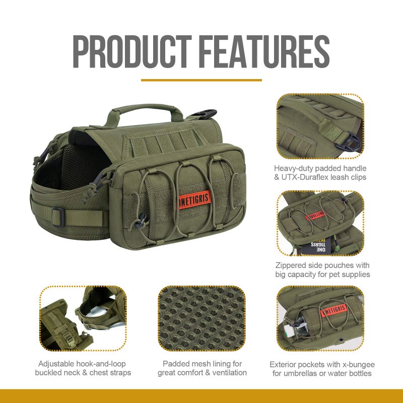 ONETIGRIS Dog Backpack for Hiking Nylon Dog Harness Backpack with Side Pockets for Large Dog with 17"-23.5" Neck Girth and 25"-31" Chest Girth (Green, Medium) - Image 2