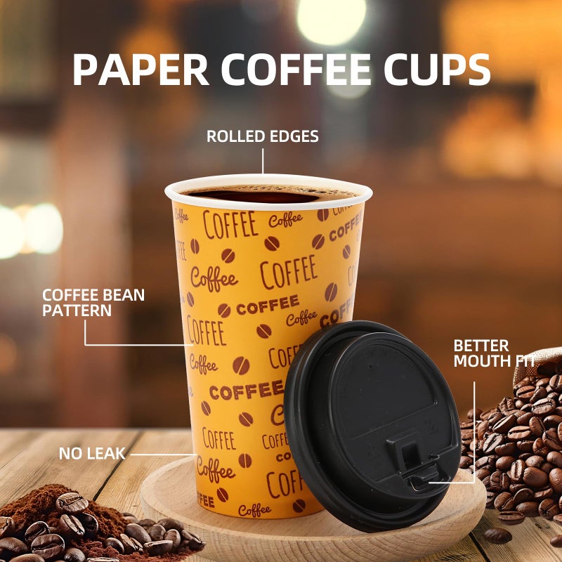 Tamone 100 PACK 20OZ Disposable Coffee Cups with Lids  To Go Coffee Cups with Lids Leak Proof  Coffee Bean Design Brown Paper Cups for Cold/Hot Beverage Chocolate Cocoa for Home Office - Image 3