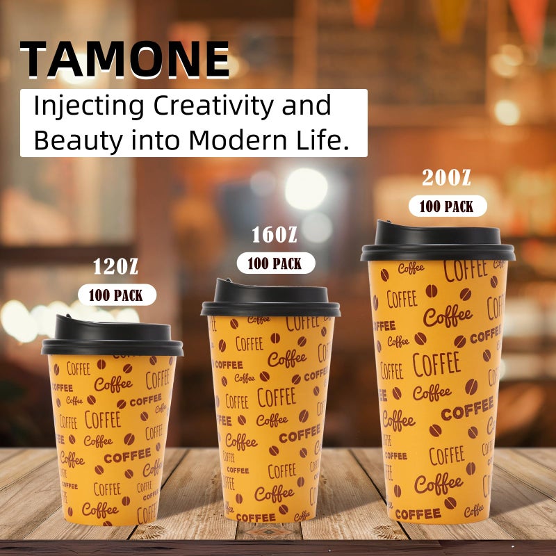 Tamone 100 PACK 20OZ Disposable Coffee Cups with Lids  To Go Coffee Cups with Lids Leak Proof  Coffee Bean Design Brown Paper Cups for Cold/Hot Beverage Chocolate Cocoa for Home Office - Image 4