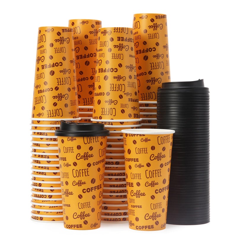 Tamone 100 PACK 20OZ Disposable Coffee Cups with Lids  To Go Coffee Cups with Lids Leak Proof  Coffee Bean Design Brown Paper Cups for Cold/Hot Beverage Chocolate Cocoa for Home Office - Image 1