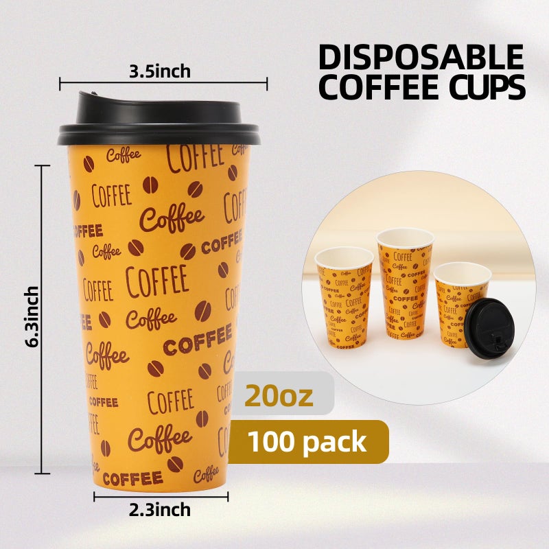 Tamone 100 PACK 20OZ Disposable Coffee Cups with Lids  To Go Coffee Cups with Lids Leak Proof  Coffee Bean Design Brown Paper Cups for Cold/Hot Beverage Chocolate Cocoa for Home Office - Image 2