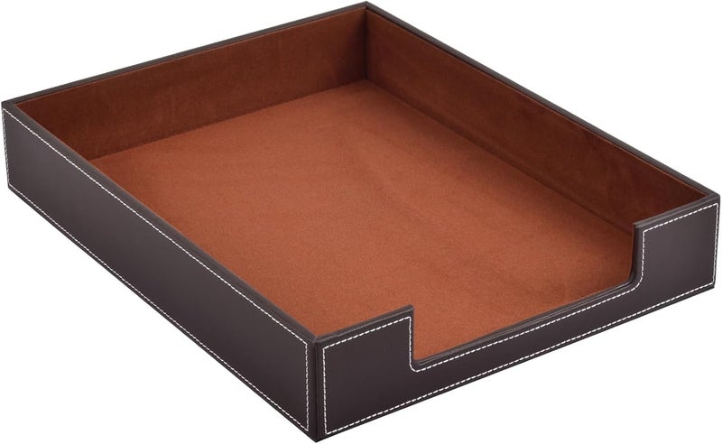 RHCSZ PU Leather 1-Layer Stackable Office File Document Tray Case Rack Paper Letter Tray Desk File Document Organizer Holder (Coffee) - Image 1