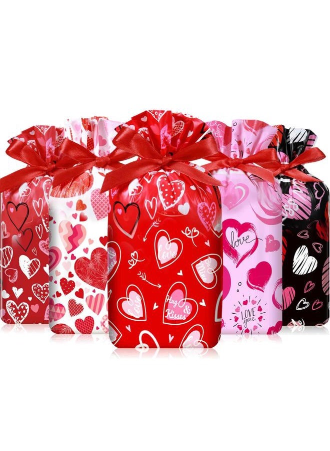 Capoda 50 Pcs Valentines Day Treat Bags Plastic Drawstring Candy Bags 6 x 9 Inch Valentine Heart Dots Gift Bag Pouch for Valentine's Day Classroom Exchange Gifts Wedding Party Favor Supplies (Heart) - Image 1