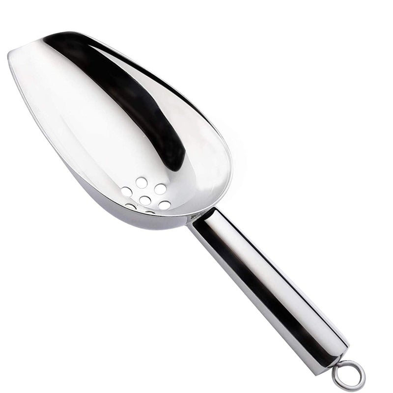 JBscoop Ice Scoop with Holes Stainless Steel Ice Scoop with Drain Holes to Reduce Unwanted Dilution Heavy Duty and Dishwasher Safe Six Ounce Capacity