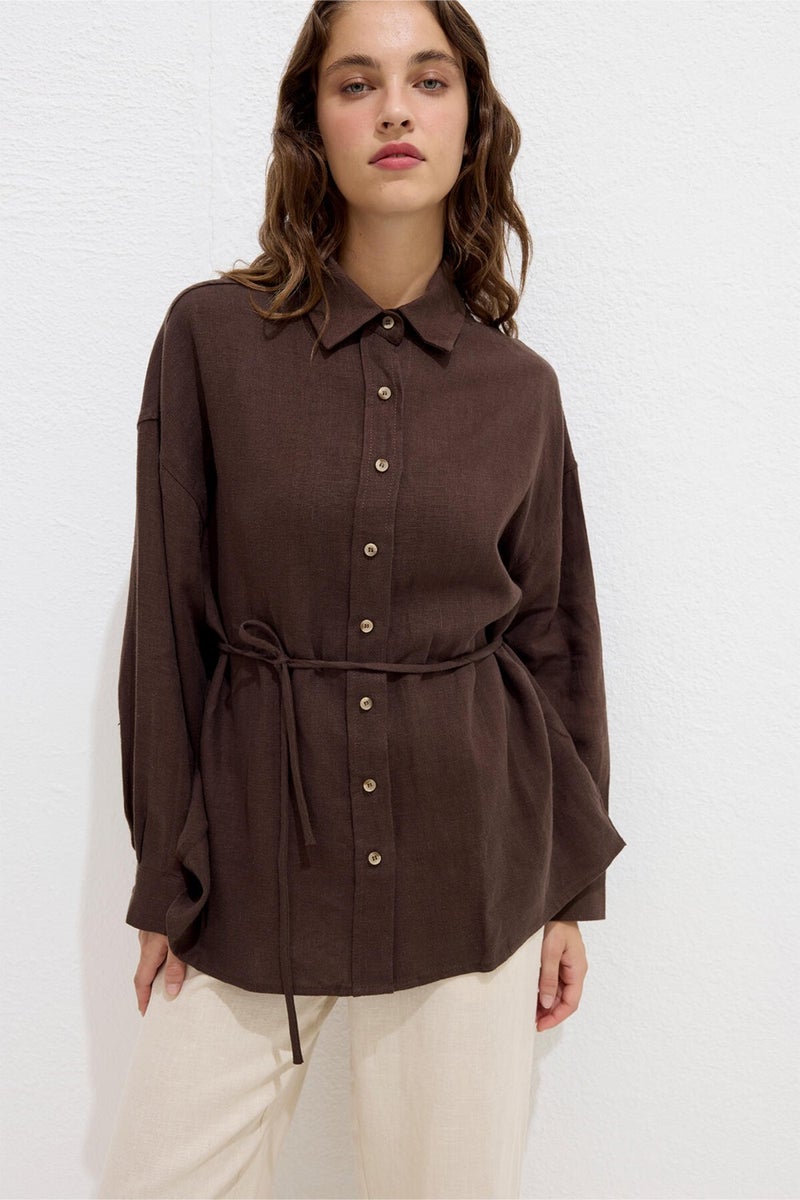 Manuka Linen Oversized Button-Down Shirt Bitter Coffee  - Image 1