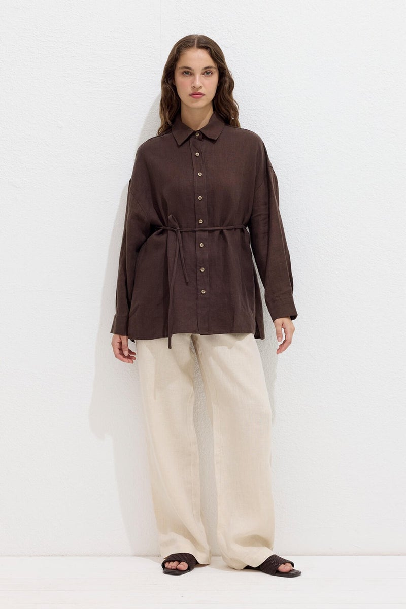 Manuka Linen Oversized Button-Down Shirt Bitter Coffee  - Image 3