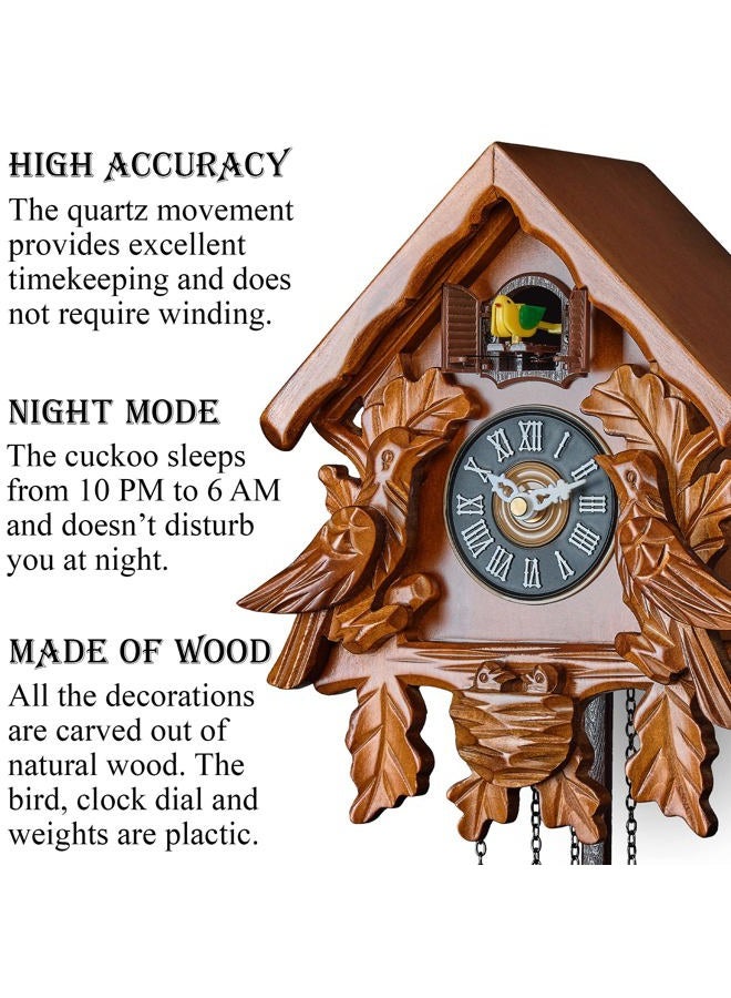 TIMEGEAR Cuckoo Clock with Night Mode, Singing Bird, Wooden Decorations and Swinging Pendulum (Brown) - Image 2
