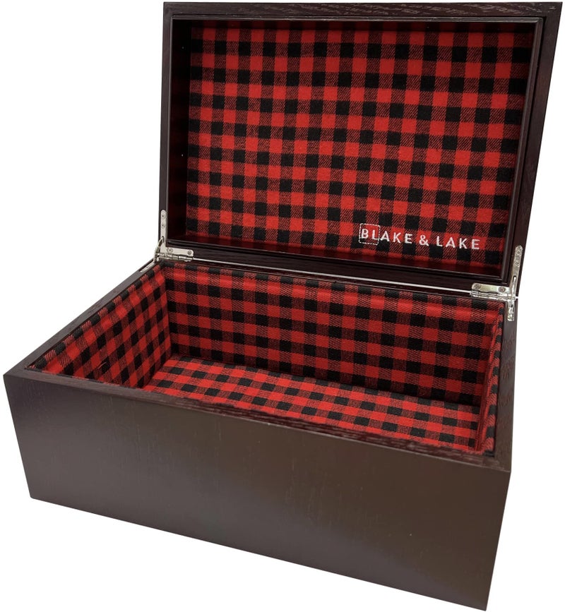 Blake & Lake Large Oak Wooden Keepsake Box - Storage Box Lined with Buffalo Plaid - Decorative Boxes for Home (Hinge Box) - Image 4