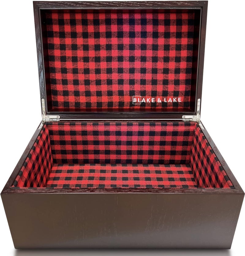 Blake & Lake Large Oak Wooden Keepsake Box - Storage Box Lined with Buffalo Plaid - Decorative Boxes for Home (Hinge Box) - Image 1