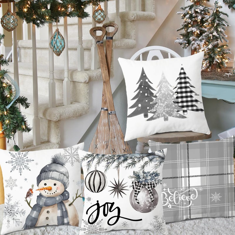 Artmag Christmas Pillow Covers 16x16 Inch Set of 4  Decorative Farmhouse Snowman Joy Believe Christmas Tree Grey Pillow Covers for Winter Holiday Home Decor Decoration - Image 3