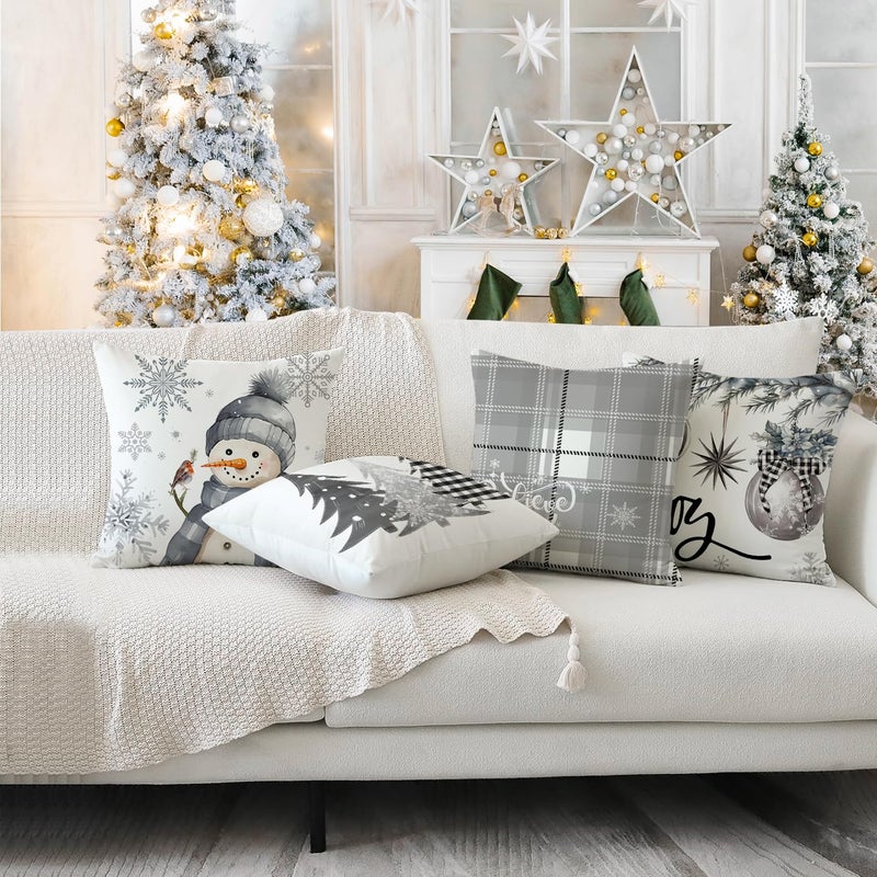 Artmag Christmas Pillow Covers 16x16 Inch Set of 4  Decorative Farmhouse Snowman Joy Believe Christmas Tree Grey Pillow Covers for Winter Holiday Home Decor Decoration - Image 2