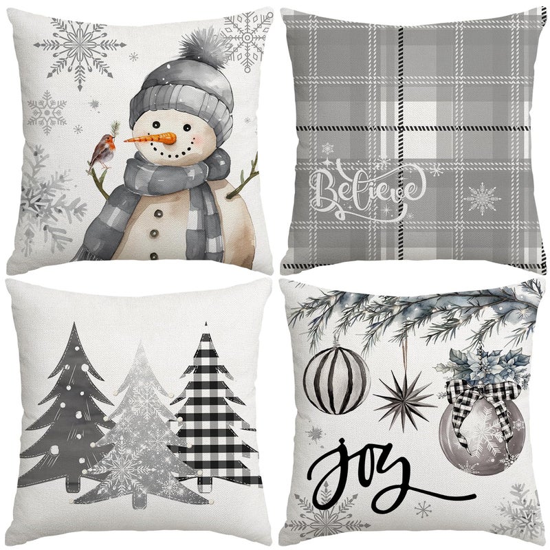 Artmag Christmas Pillow Covers 16x16 Inch Set of 4  Decorative Farmhouse Snowman Joy Believe Christmas Tree Grey Pillow Covers for Winter Holiday Home Decor Decoration - Image 1