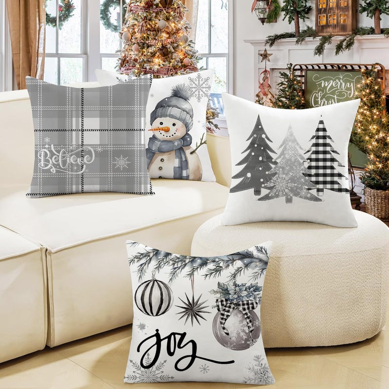Artmag Christmas Pillow Covers 16x16 Inch Set of 4  Decorative Farmhouse Snowman Joy Believe Christmas Tree Grey Pillow Covers for Winter Holiday Home Decor Decoration - Image 5