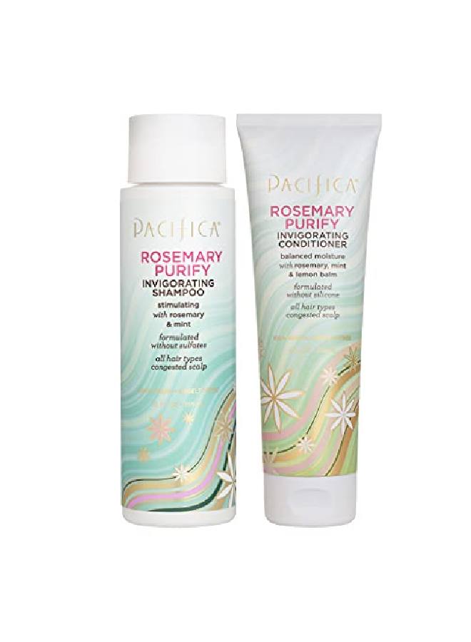 Pacifica شامبو منشط للشعر بالروزماري + بلسم منشط للشعر بالروزماري؛ يزيل سموم فروة الرأس والشعر من تراكم المنتجات والزيوت الزائدة؛ نباتي 100% ولا يُختبر على الحيوانات؛ خالٍ من الكبريتات والبارابين - Image 1