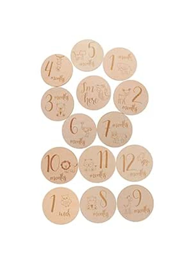 Wooden Baby Milestone Discs Set 14 Pieces Monthly Photo Cards Animal Patterns - Image 1