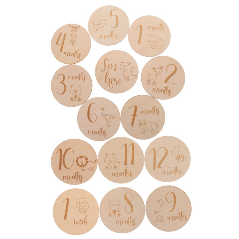 Wooden Baby Milestone Discs Set 14 Pieces Monthly Photo Cards Animal Patterns - Image 2