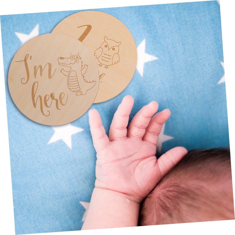 Wooden Baby Milestone Discs Set 14 Pieces Monthly Photo Cards Animal Patterns - Image 5