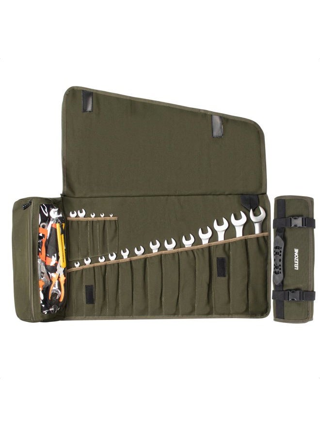 LELEZONE Wrench Roll Up Pouch, 19+1 Pockets Utility Roll, Portable Tool Organization Roll Bag, Gifts for Men Father Mechanic, Heavy Duty Canvas Wrench Organizer Bag (Green) - Image 1