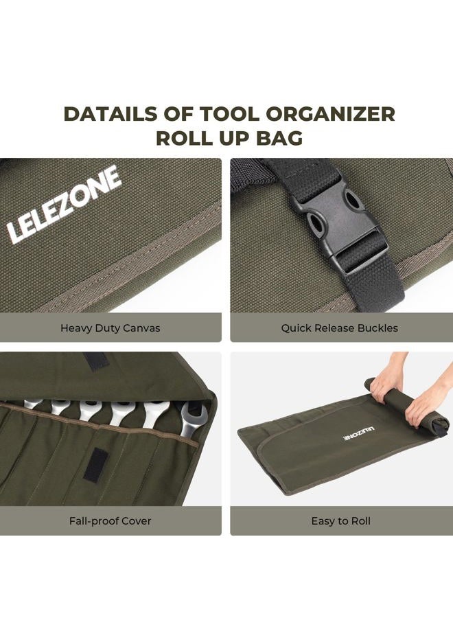 LELEZONE Wrench Roll Up Pouch, 19+1 Pockets Utility Roll, Portable Tool Organization Roll Bag, Gifts for Men Father Mechanic, Heavy Duty Canvas Wrench Organizer Bag (Green) - Image 5