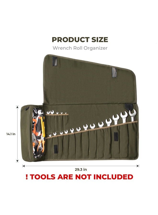 LELEZONE Wrench Roll Up Pouch, 19+1 Pockets Utility Roll, Portable Tool Organization Roll Bag, Gifts for Men Father Mechanic, Heavy Duty Canvas Wrench Organizer Bag (Green) - Image 2